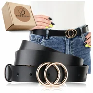 Paski - Pasek Skórzany Damski Brodrene Czarny Złota Duża Klamerka Modna 95cm - miniaturka - grafika 1