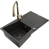 Zlewozmywaki z baterią - Mexen Cesar zlewozmywak granitowy 1-komorowy z ociekaczem i baterią kuchenną Savita, czarny/złoty metalik - miniaturka - grafika 1