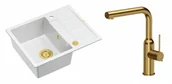 Zlewozmywaki z baterią - Quadron Unique Zlewozmywak granitowy jednokomorowy 62*50*22 cm z ociekaczem MORGAN 116 SNOW WHITE z syfonem Push-2-Open w kolorze złotym z baterią ANGELINA Q LINE z wyciąganą wylewką kolor złoty - miniaturka - grafika 1
