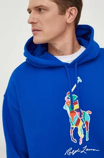 Bluzy męskie - Polo Ralph Lauren bluza męska kolor niebieski z kapturem z nadrukiem - grafika 1