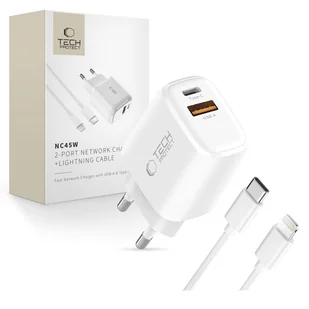 TECH-PROTECT NCA45W-GAN 2-PORT NETWORK CHARGER PD 45W / QC3.0 + LIGHTNING CABLE WHITE - Ładowarki do telefonów TECH-PROTECT NCA45W-GAN 2-PORT NETWORK CHARGER PD 45W / QC3.0 + LIGHTNING CABLE WHITE - Ładowarki do telefonów - miniaturka - grafika 1