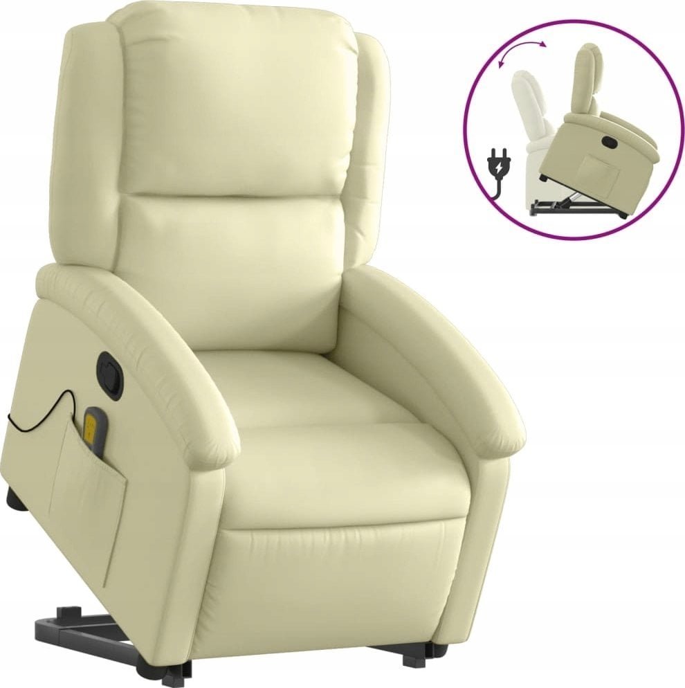 vidaXL Podnoszony fotel rozkładany, kremowy, skóra naturalna