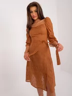 Sukienki - Sukienka na co dzień jasny brązowy letnia dekolt prostokątny rękaw krótki długość midi haft z podszewką pasek bufiasty rękaw - miniaturka - grafika 1