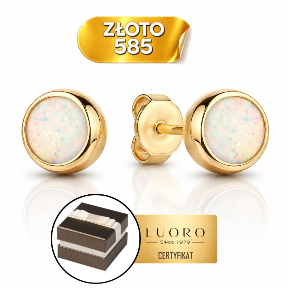 KOLCZYKI ZŁOTE 585 14K Z OPALAMI 8 MM KÓŁKO SZTYFT ELEGANCKIE PREZENT