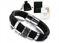 Bransolety męskie - Skórzana Bransoletka Męska Czarna Skóra Srebrna Grawer - miniaturka - grafika 1