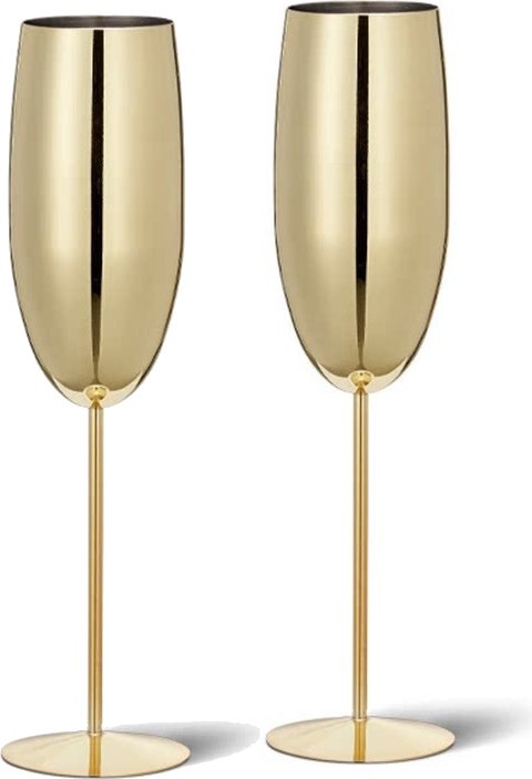 zestaw upominkowy 2 kieliszków do szampana ze stali nierdzewnej (250 ml), kieliszki do szampana i prosecco - dekoracja stołu na Halloween, zestaw upominkowy na Boże Narodzenie, złoty, 2 szt