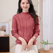 Bluzy damskie - TEMU Sweter Damski z Żebrowanym Stroikiem - Miękka Bluza z Małą Kołnierzyką, Długie Rękawy, Jednokolorowy, Casualowa i Elegancka na Każdą Porę Roku, - miniaturka - grafika 1