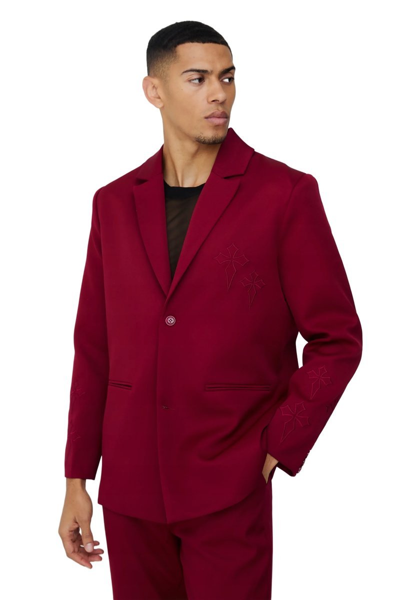 BOOHOOMAN MĘSKI GARNITUR SLIM BORDOWY Z HAFTEM KRZYŻY 40 Z3A*