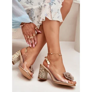 S.Barski Transparentne Sandały Na Słupku Z Kryształkami I Ozdobą D&A MR51-702 Złote złoty - Sandały damskie - miniaturka - grafika 1