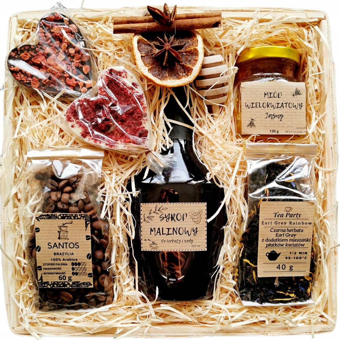 Kosz Prezentowy Zestaw kawa herbata miód syrop czekolady Gotowy