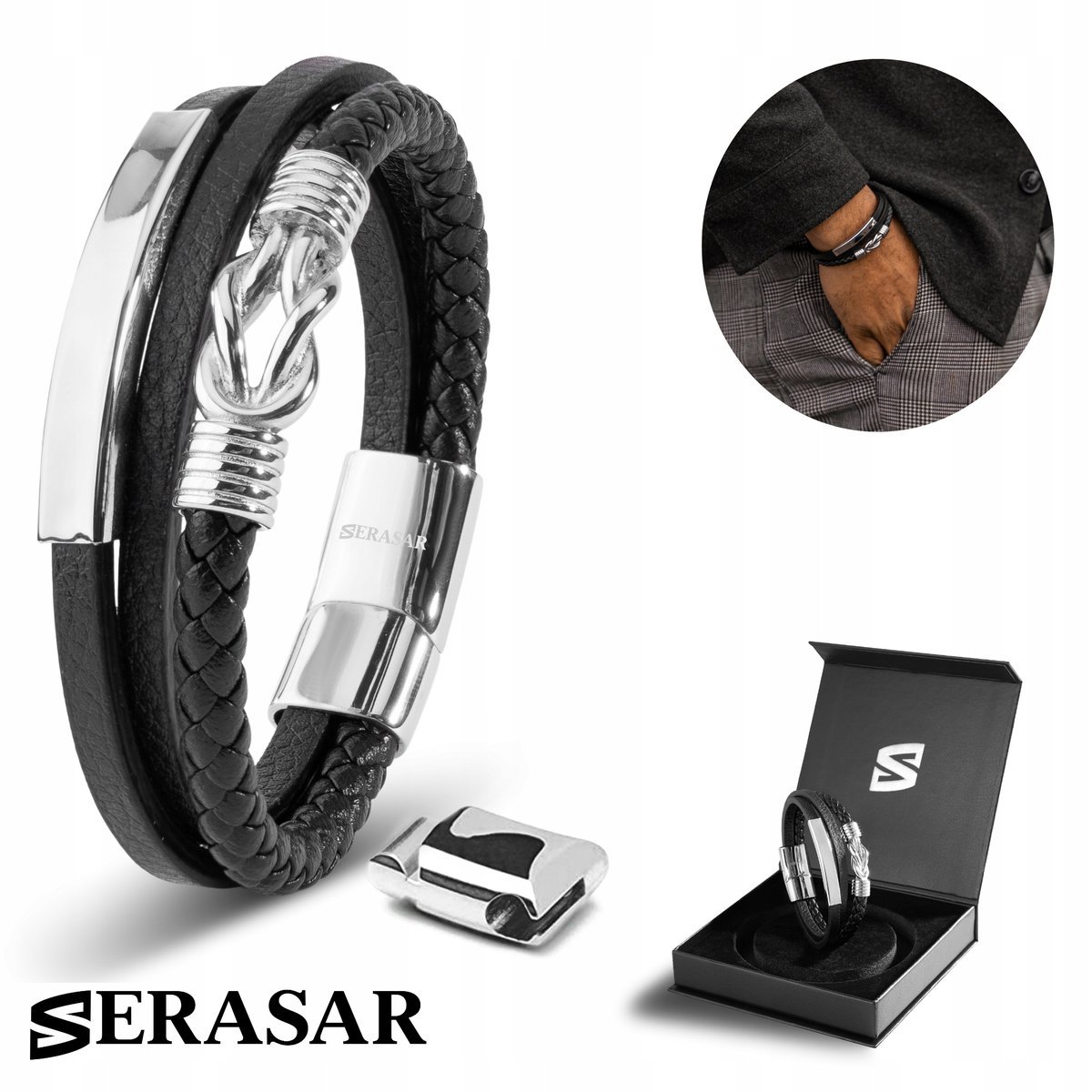 SERASAR, męska skórzana bransoletka „Proud”, srebrna, 17 cm, ze stalowym zapięciem magnetycznym, idealny prezent urodzinowy dla brata lub ojca