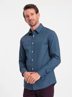 Bawełniana koszula męska we wzory SLIM FIT - niebieska V4 OM-SHCS-0151 - Koszule męskie - miniaturka - grafika 1