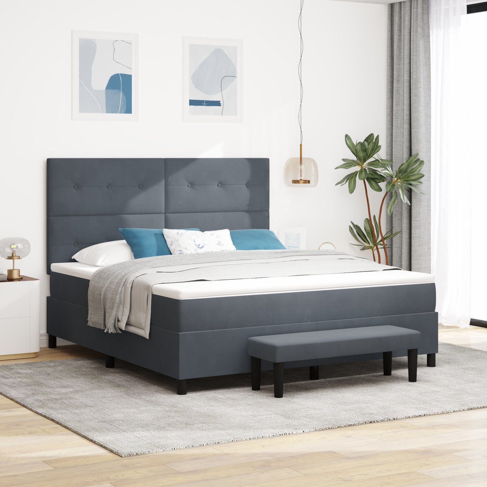 vidaXL Łóżko Box Spring z materacem i ławką Ciemnoszare 180x200 cm Aksamit
