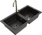 Zlewozmywaki z baterią - Mexen Mario zlewozmywak granitowy 2-komorowy z baterią kuchenną Telma, czarny/złoty - 6504-75-670200-50-B - miniaturka - grafika 1