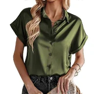 Koszule damskie - Koszula damska satynowa, czarna, zielona, biała, zapinana na guziki, z krótkim rękawem, luźna bluzka damska zielono-szary wojskowy XL - miniaturka - grafika 1