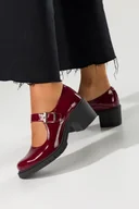 Czółenka - Bordowe czółenka skórzane damskie lakierowane Mary Jane z paskiem szeroki obcas klocek PRODUKT POLSKI Casu 609 - miniaturka - grafika 1