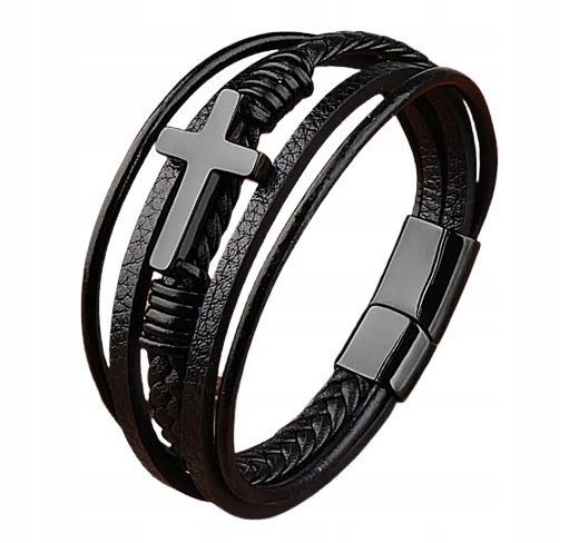 Brasoletka Męska CZARNA SKÓRZANA KRZYŻ krzyżyk na rzemyku skóra MAGNES