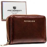 Portfele - PETERSON Brązowy poziomy mały portfel damski ze skóry ekologicznej rozbudowany na karty portmonetka na zatrzask i suwak pudełko prezentowe ochrona R.. - miniaturka - grafika 1
