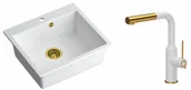 Zlewozmywaki z baterią - Quadron Zlewozmywak granitowy jednokomorowy 57*50*22 cm MORGAN 110 SNOW WHITE ze złotym odpływem z baterią ANGELINA Q LINE SNOW WHITE z wyciąganą wylewką kolor biały mat/wykończenie złote - miniaturka - grafika 1