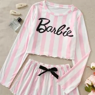 Piżamy damskie - Piżama w paski z nadrukiem - miniaturka - grafika 1