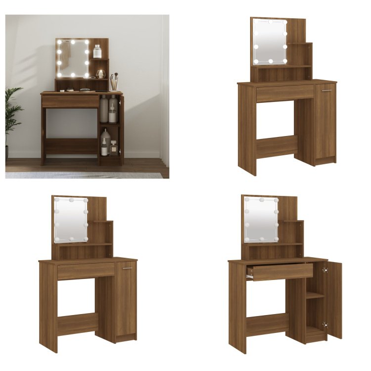 vidaXL Toaletka z diodami LED w kolorze brązowego dębu 86,5x35x136 cm - Toaletka - Stolik do makijażu - Stolik kosmetyczny - Toaletka