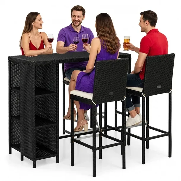Zestaw mebli barowych czarny z kremowymi poduszkami, stół 120x60x110 cm