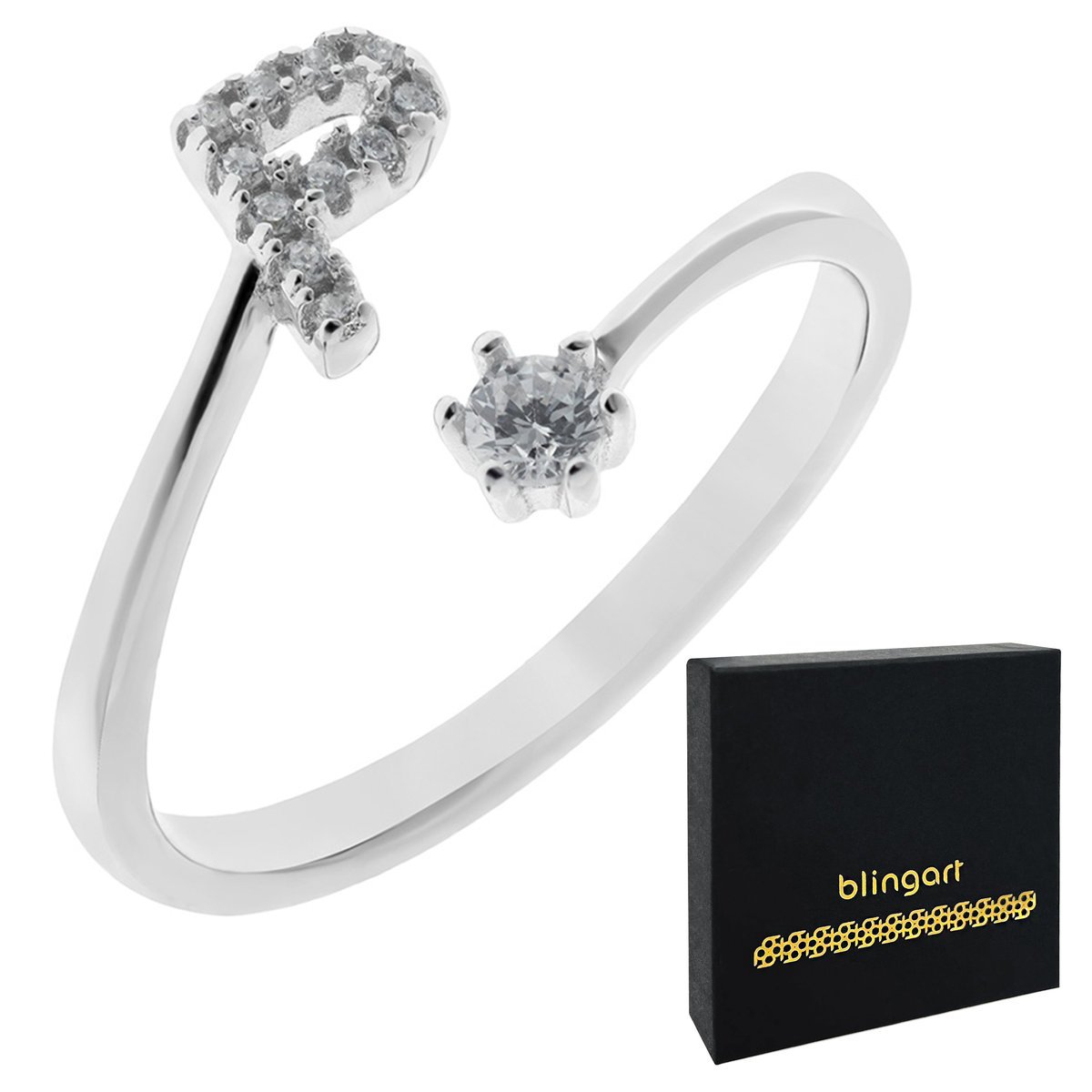 Pierścionek srebrny z literką P z cyrkoniami