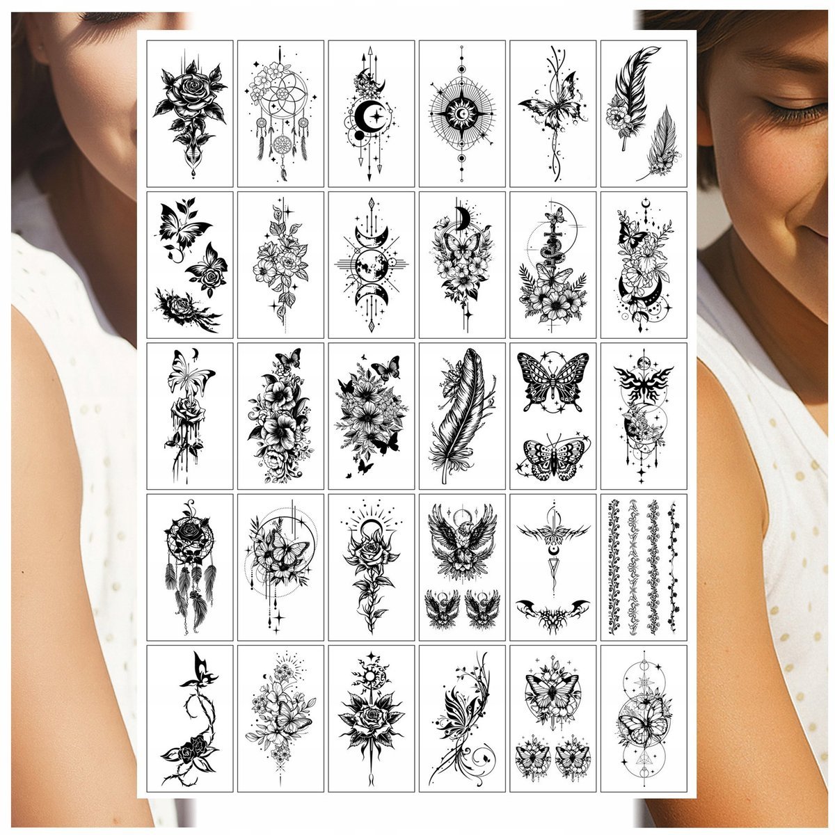 TATUAŻE ZMYWALNE DLA DZIECI ŁAPACZ SNÓW MOTYL KWIAT RÓŻA MIX 30 WZORÓW