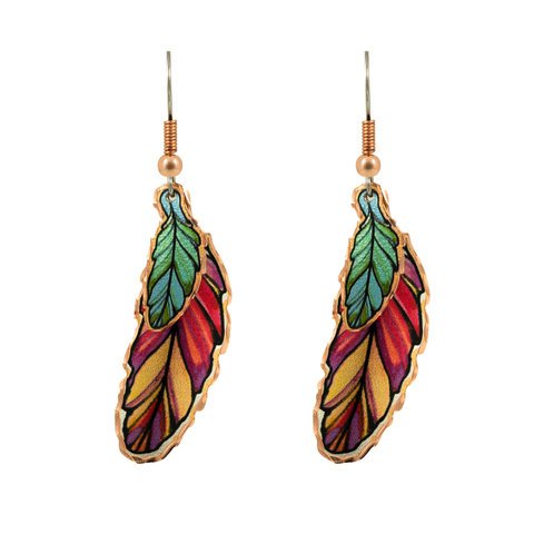 kolczyki miedziane z czerwono-zielonymi piórami Ym-108