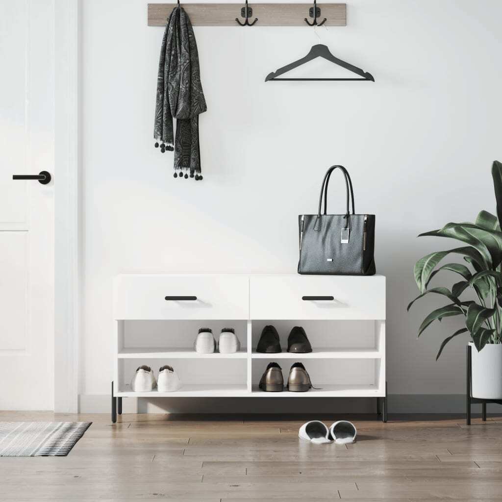 vidaXL Ławka na buty biały wysoki połysk 102x35x55 cm materiał drewnopochodny - Ławka na buty - Ławki na buty - Ławka z miejscem do przechowywania - Stojak na buty