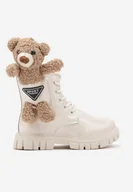 Botki damskie - Beżowe Płaskie Botki Lakierowane z Misiem Ivathia - miniaturka - grafika 1