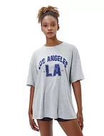 Koszulki i topy damskie - Koton Damska koszulka oversize, krótki rękaw, okrągły dekolt, Los Angeles Printed, Szary melanż (grm), L - miniaturka - grafika 1