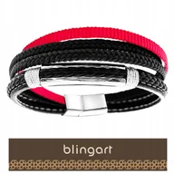 Bransolety męskie - BLINGART BRANSOLETKA męska skórzana CZARNO CZERWONA PLECIONKI STAL 316L - miniaturka - grafika 1