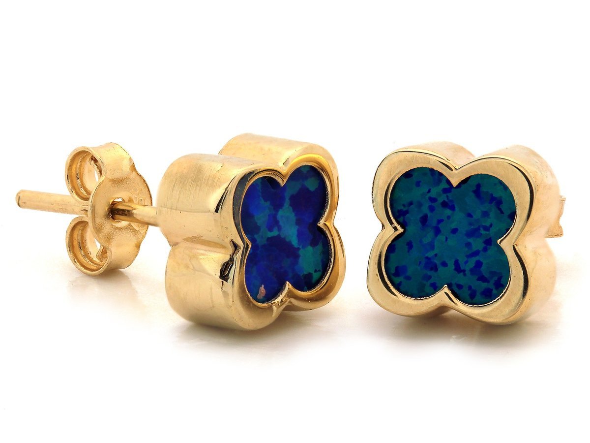 Kolczyki Złote 585 Koniczyna Kwiatek Z Niebieskim Kamieniem Na Sztyfcie