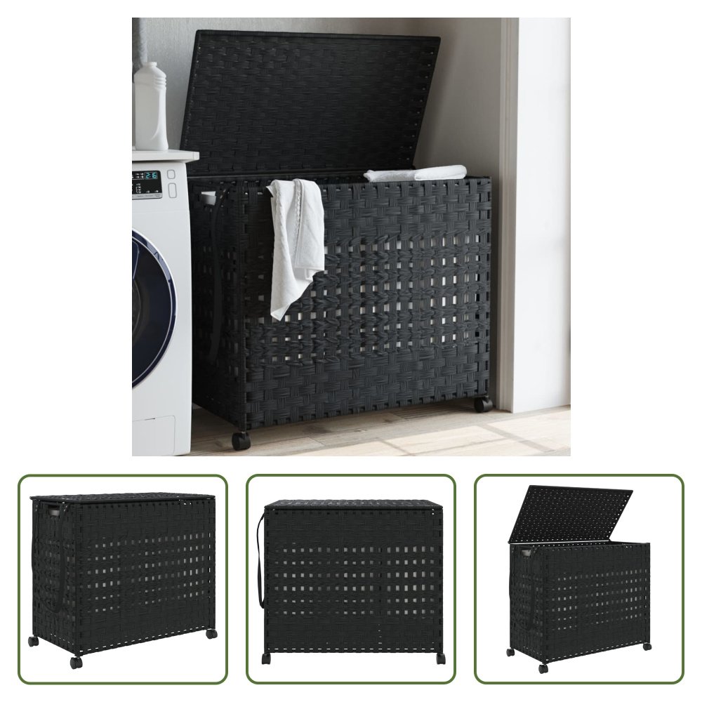 The Living Store Kosz na pranie z kółkami Czarny 66x35x60 cm Rattan