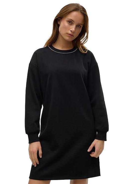 VERO MODA CZARNA SUKIENKA Z DŁUGIM RĘKAWEM Z OZDOBNYM DEKOLTEM L JPA