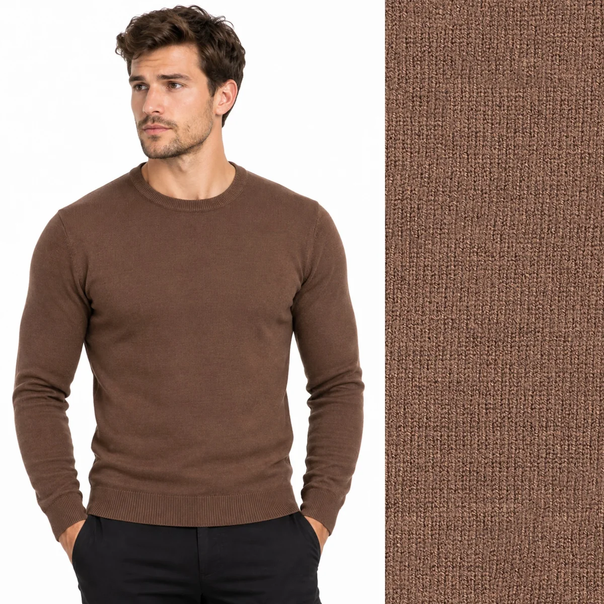 Sweter męski cienki dopasowany z okrągłym dekoltem gładki brązowy do pracy LD-69051-16-D.K BROWN M