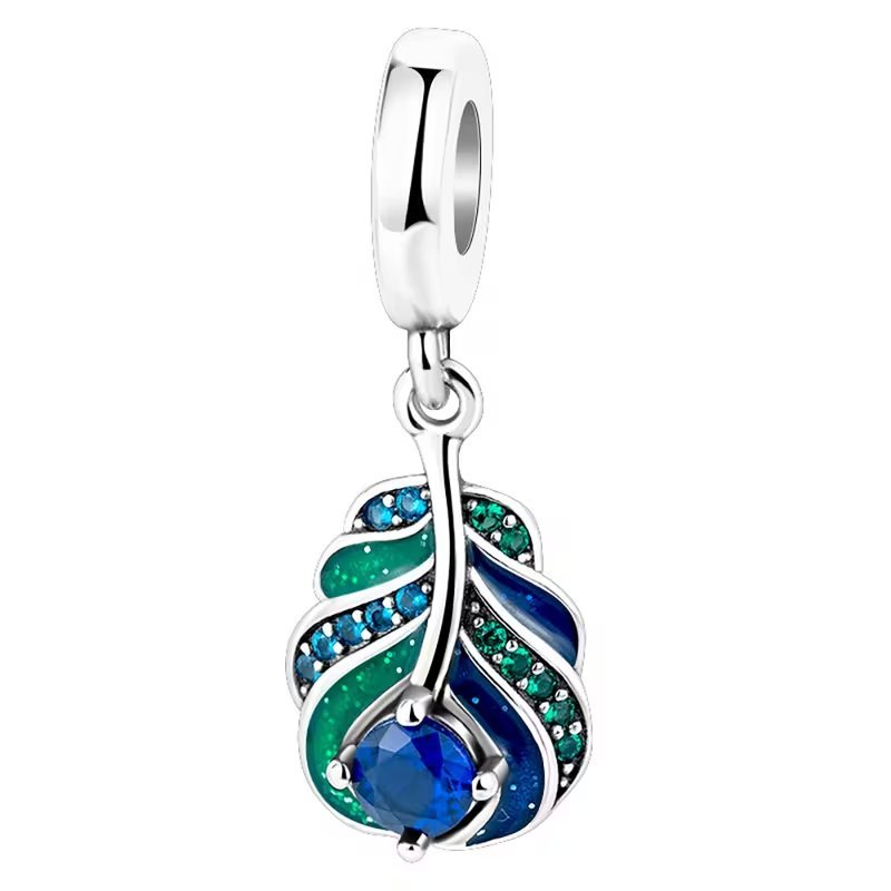 Charms Pawie Pióro Niebieskie Cyrkonie Zawieszka Do Bransoletki