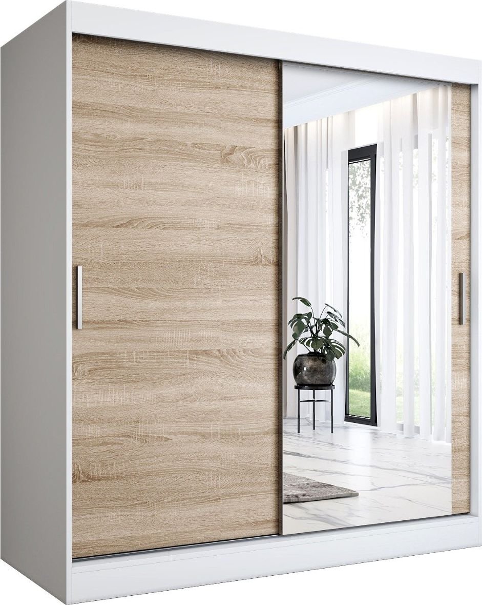 MKPOL Szafa przesuwna MODUO COMFORT 180 biała mat/dąb sonoma z lustrem po prawej