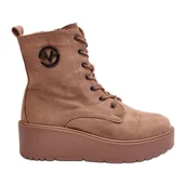 Botki damskie - Vinceza Zamszowe Botki Workery Na Masywnej Platformie Koturnie Beżowe Lavica beżowy - miniaturka - grafika 1