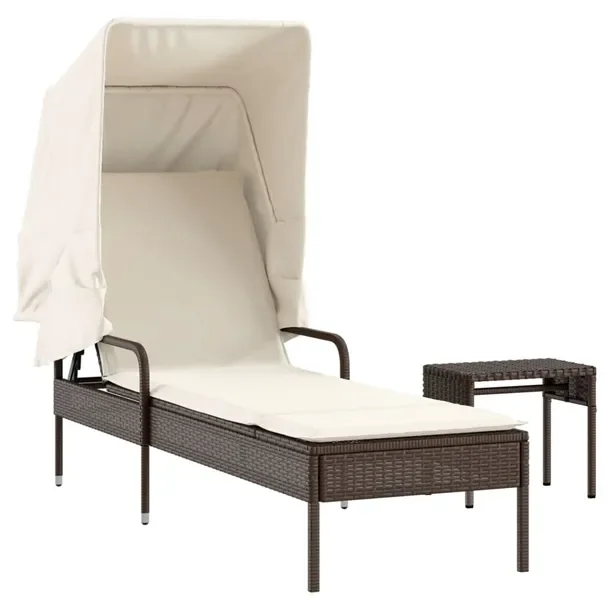 Leżak ogrodowy z baldachimem, rattan PE, brązowy, 62x200x130 cm