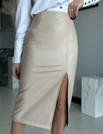 Spódnice - Spódnica Ekoskóra MIDI Rozcięcie Wysoki Stan Ołówkowa Beżowa L - miniaturka - grafika 1