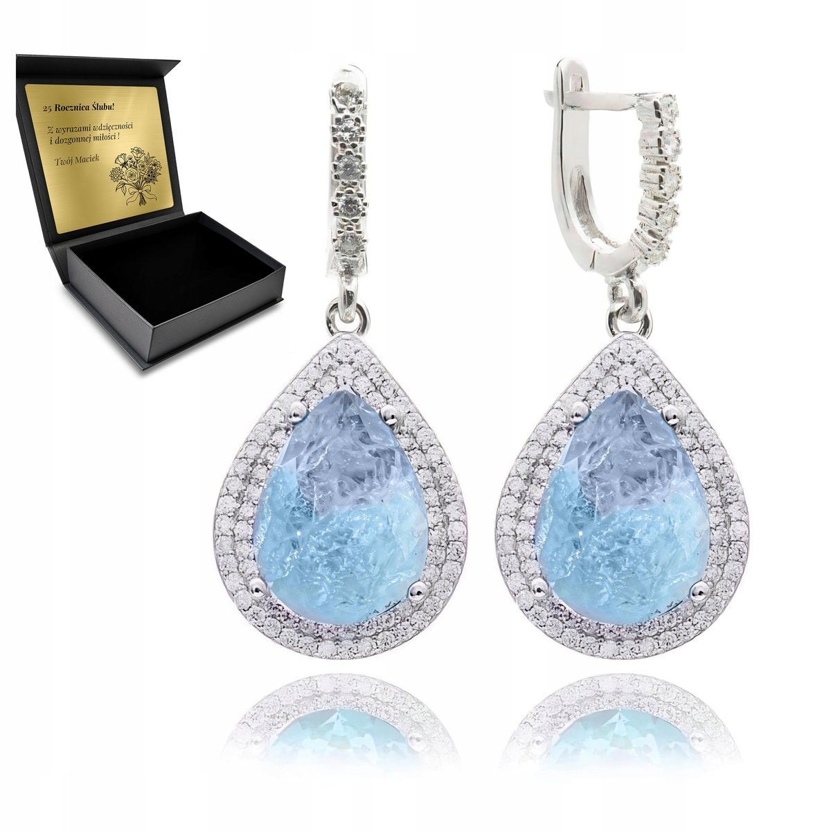 Kolczyki Srebrne 925 Cyrkonie I Turmalin Biżuteria Dla Kobiety + Grawer