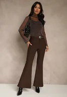 Spodnie damskie - Brązowe Wiskozowe Spodnie Dzwony z Bawełną High Waist z Paskiem Lidassa - miniaturka - grafika 1