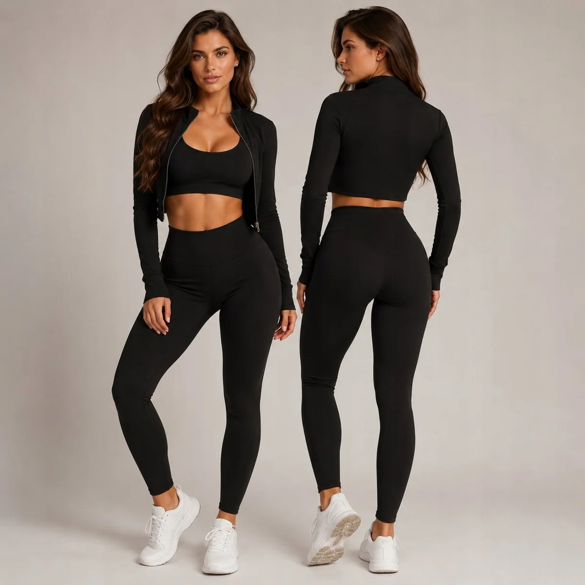 [r. M/L] Komplet sportowy damski 3w1 top bluza legginsy czarny