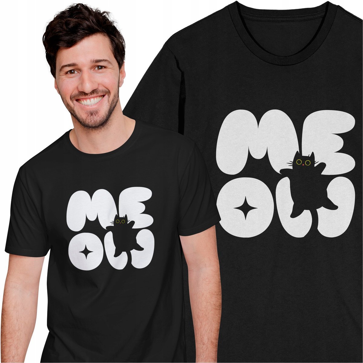 Koszulka Męska z Nadrukiem z Kotem Kotkiem Kot Meow Zwierzęta
