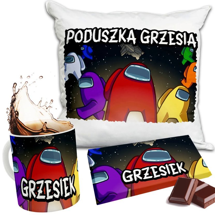 Zestaw AMONG US Kubek + Poduszka + Czekolada + Imię Prezent Nadruk