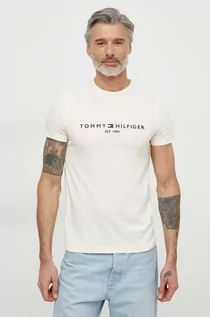 Koszulki męskie - Tommy Hilfiger t-shirt bawełniany męski kolor beżowy z aplikacją - grafika 1
