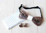 Krawaty i muchy męskie - Zestaw ślubny z drewnianą muszką VINES biały - miniaturka - grafika 1