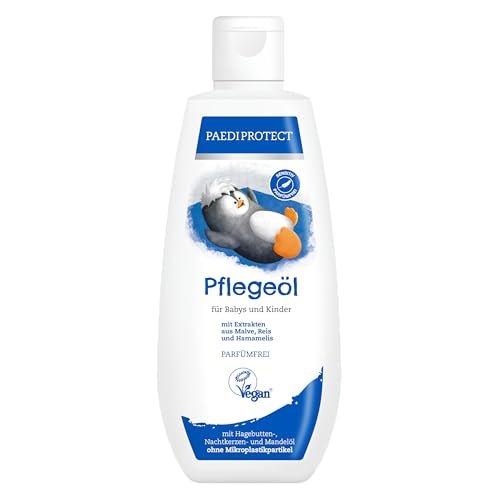 PAEDIPROTECT olejek pielęgnacyjny dla niemowląt i dzieci 200 ml, olejek dla niemowląt z olejkiem migdałowym dla młodej skóry, olejek do ciała do łagodnej pielęgnacji skóry i czyszczenia okolic pieluszkowych, olejek do skóry bez perfum i mikroplastiku, wegański